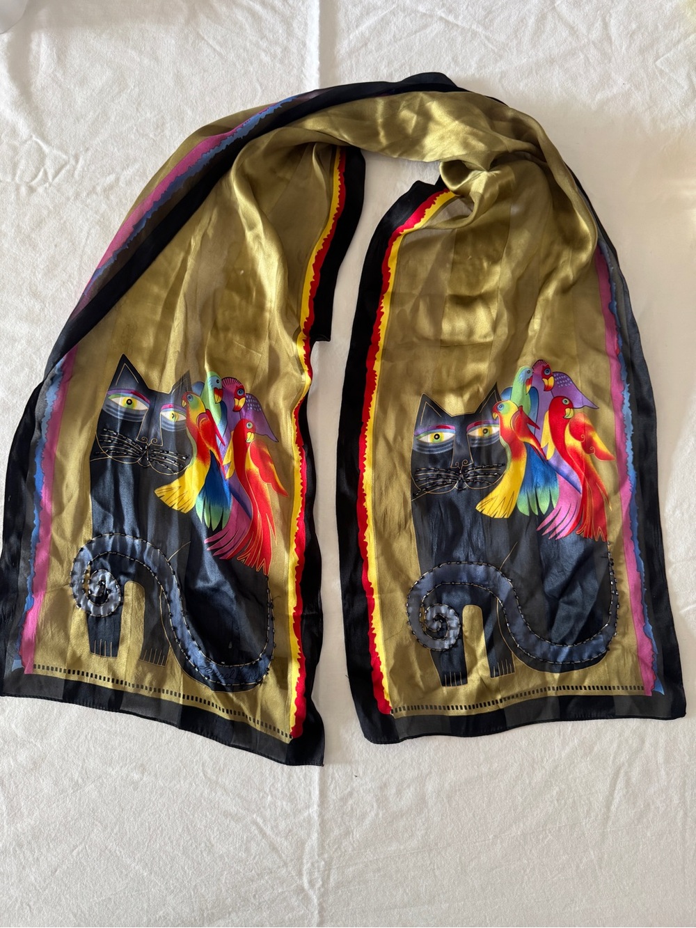 Vintage Laurel Burch Black Cat Parrot Silk Scarf Multicolor Art Wear Collectible - Picture 2 of 16